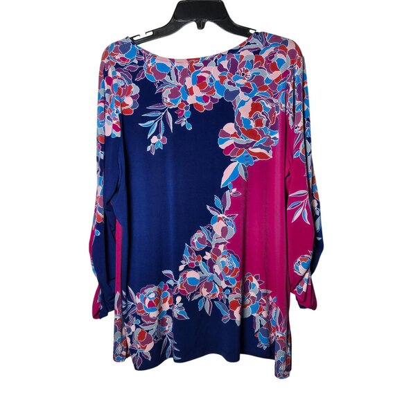 Susan Graver Floral Print Long Sleeve Top Plus 1XP Petite Liquid Knit Coastal - Picture 3 of 10